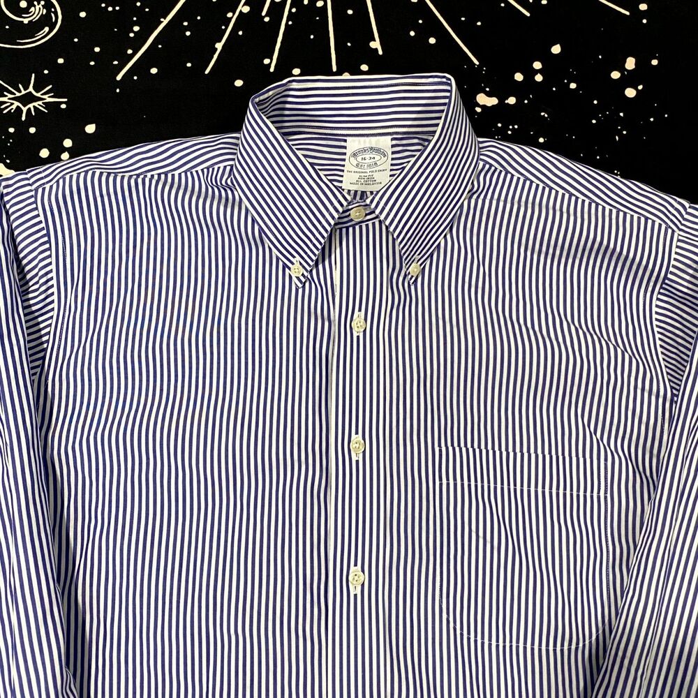 Brooks Brothers Dress Shirt Men 16-34 Purple Cotton Striped Button-Down Slim-Fit